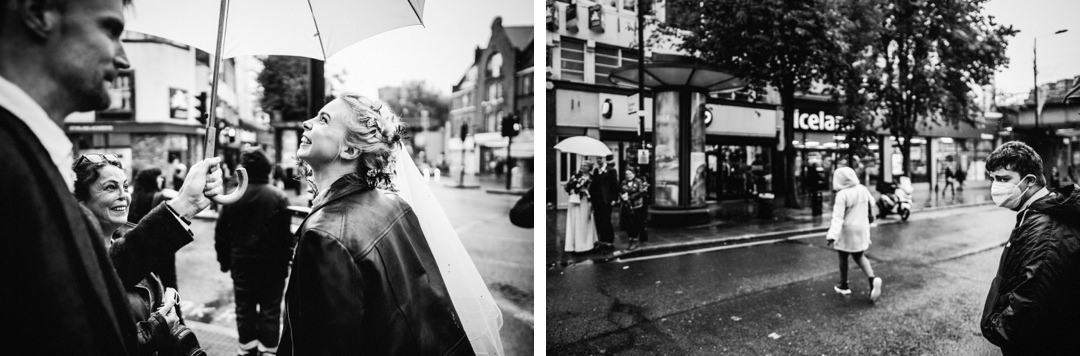 a series of images depicting a wedding couple walk through East London after their wedding 