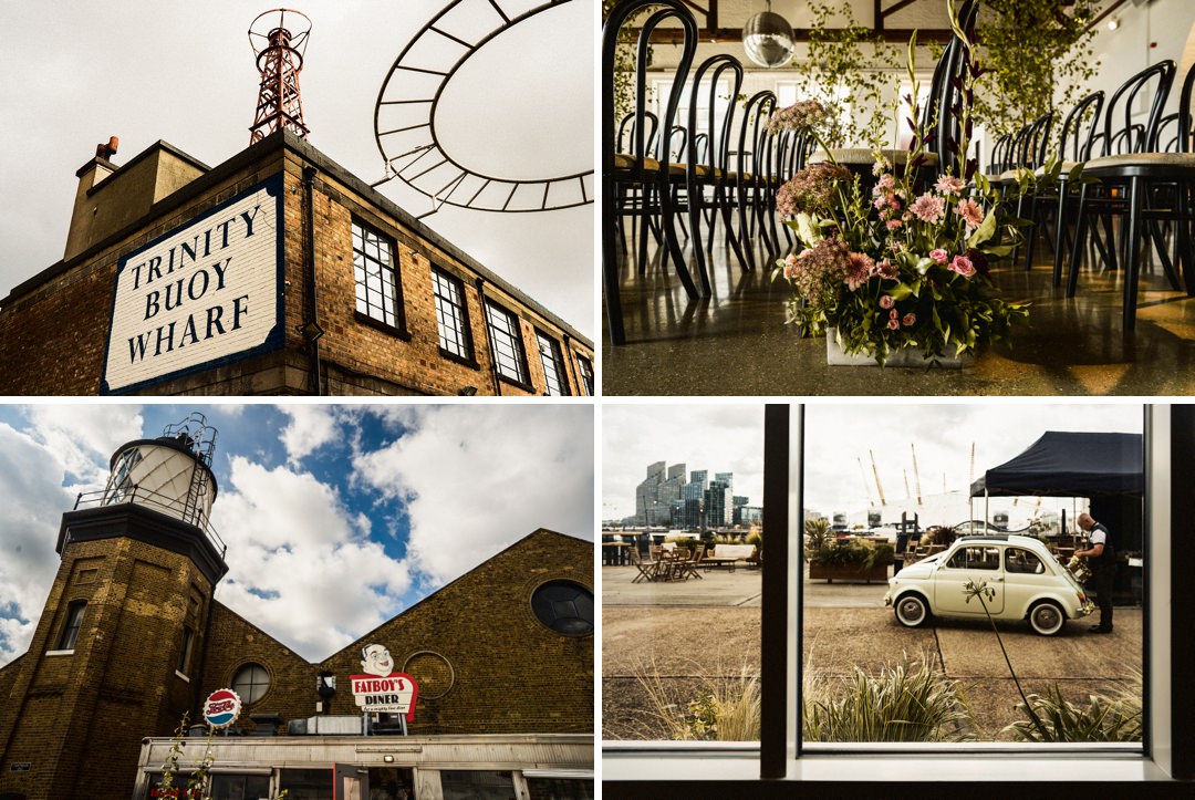 a series of scene setting wedding images from trinity buoy wharf
